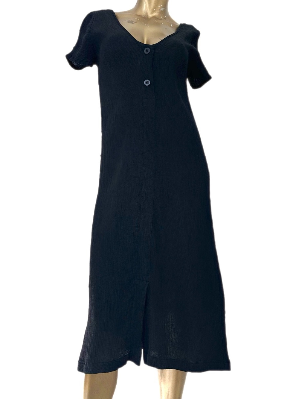 LACAUSA Black Crinkle Rib Knit Midi Dress scoop neck rayon/cotton size S